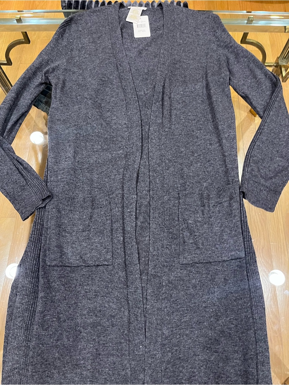 Matty M Long Open-Front Cardigan Sweater in Charcoal
